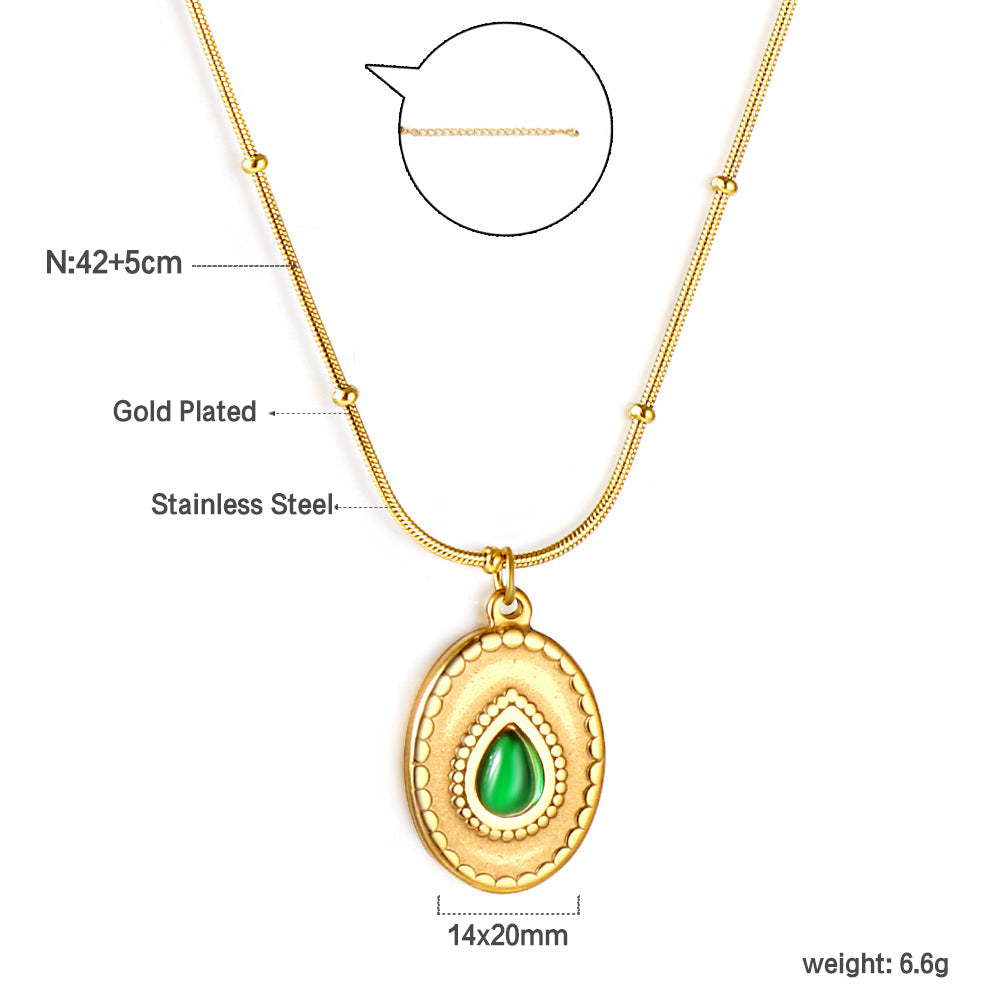 Long Round Pendant with Green Diamonds Necklace 42+5cm asonjewelry